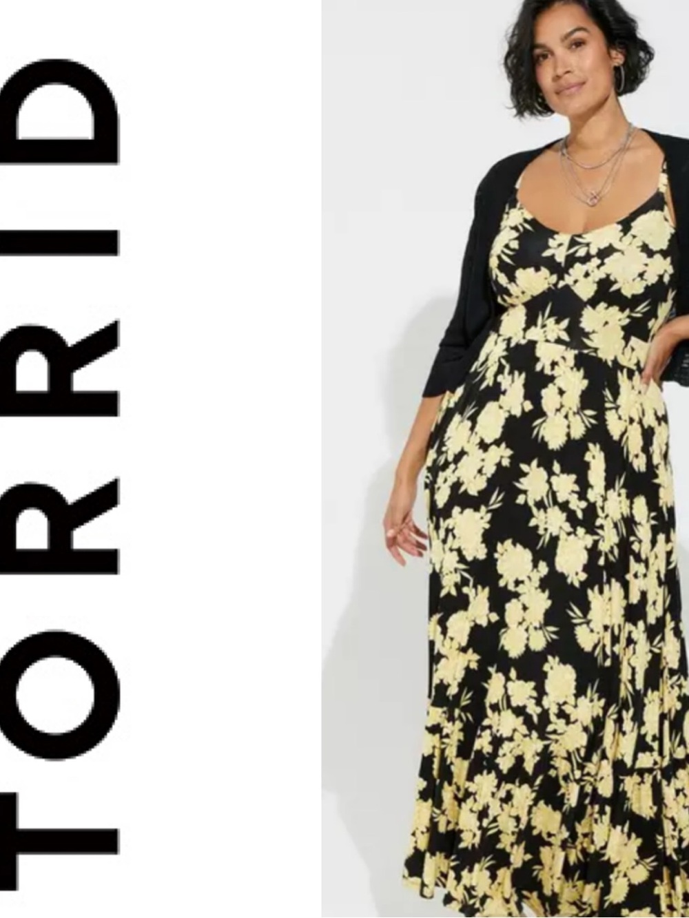 TORRID Women’s Sleeveless Tiered Maxi Dress Sundress Yellow Black Floral Size 1